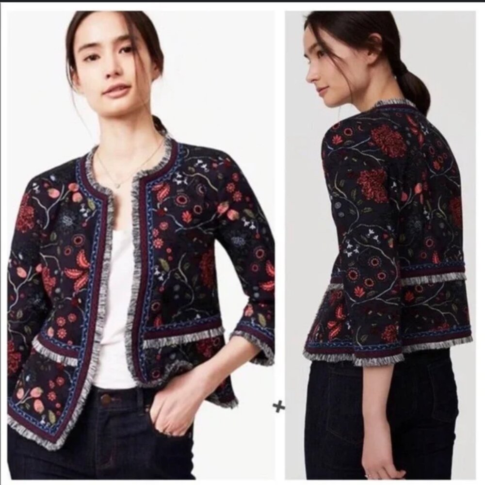 NWOT! Loft Boho Primavera Strawberry Floral Jacquard Preppy Fringe Jacket sz 6